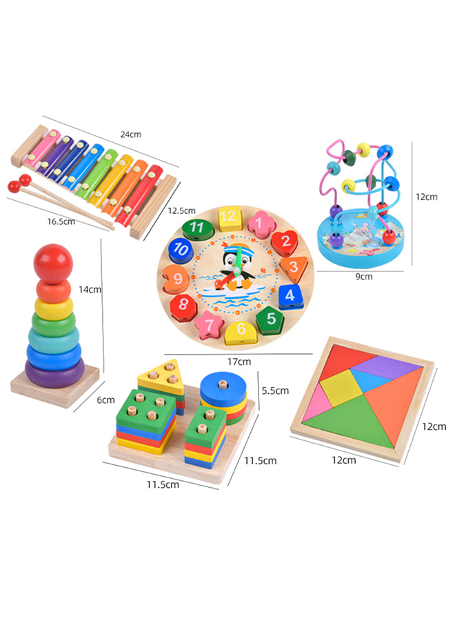 Montessori Toy Set (Suitable for Boys and Girls), 6-Piece Wooden Toy Collection: Wooden Xylophone, Rainbow Tower, Four-Pillar Spinner and more.