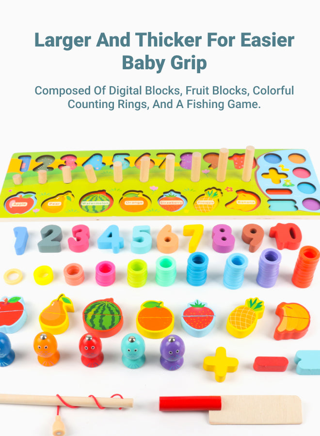 Magnetic Fishing Game, Wooden Numbered Fruit Puzzle Sorting Math Toy for Preschoolers, Shape Sorting Fishing Game for Ages 3-6, Preschool Math Stacking Fun Montessori Toy