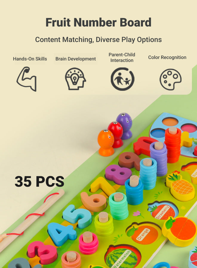 Magnetic Fishing Game, Wooden Numbered Fruit Puzzle Sorting Math Toy for Preschoolers, Shape Sorting Fishing Game for Ages 3-6, Preschool Math Stacking Fun Montessori Toy