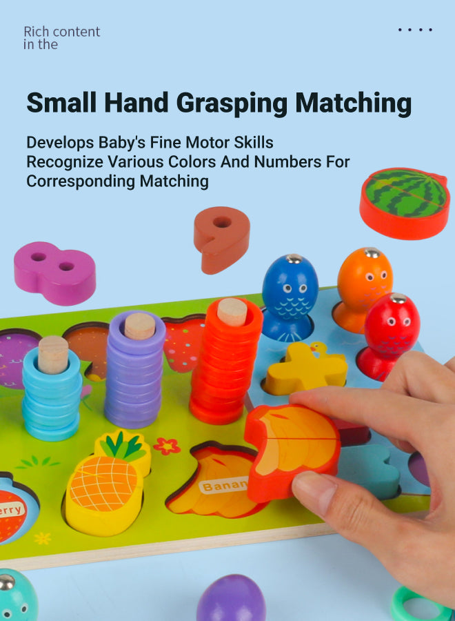 Magnetic Fishing Game, Wooden Numbered Fruit Puzzle Sorting Math Toy for Preschoolers, Shape Sorting Fishing Game for Ages 3-6, Preschool Math Stacking Fun Montessori Toy