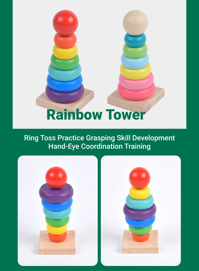 Montessori Toy Set (Suitable for Boys and Girls), 6-Piece Wooden Toy Collection: Wooden Xylophone, Rainbow Tower, Four-Pillar Spinner and more.